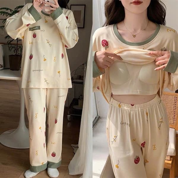 Bộ mặc nhà dài tay cổ tròn có đệm ngực cotton