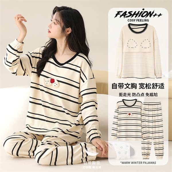 Bộ mặc nhà dài tay cổ tròn có đệm mút ngực
