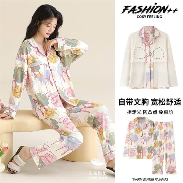 Bộ mặc nhà dài tay có cổ đệm ngực cotton