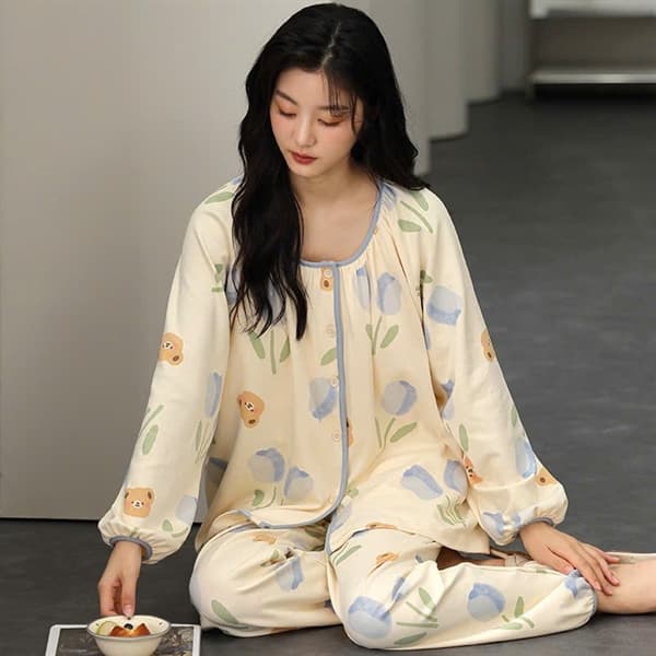 Bộ mặc nhà dài tay cài khuy cổ tròn 100% cotton