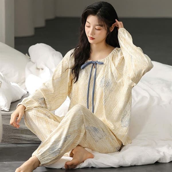 Bộ mặc nhà cổ tròn dài tay 100% cotton