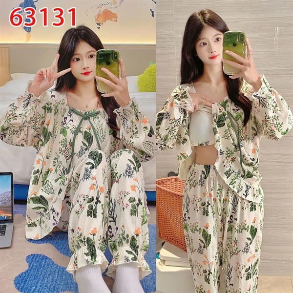 Bộ mặc nhà dài tay cổ bèo nơ có đệm mút ngực