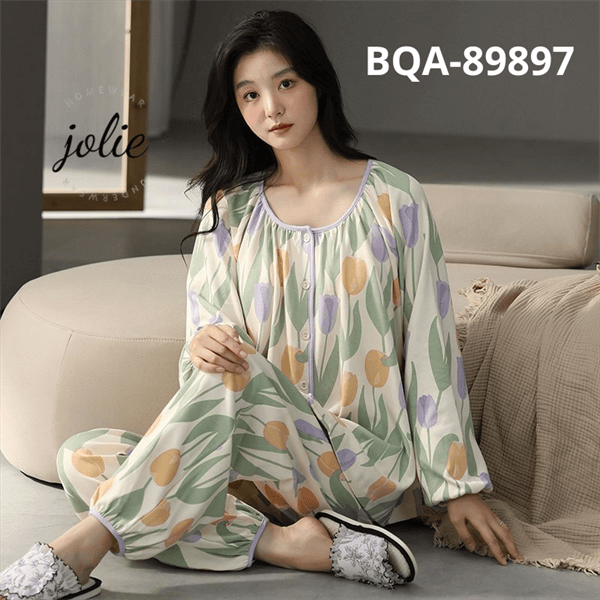 Bộ dài tay cổ tròn cài khuy cotton có đệm ngực