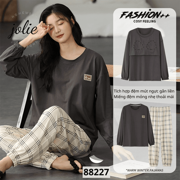 Bộ mặc nhà cổ tròn dài tay 100% cotton