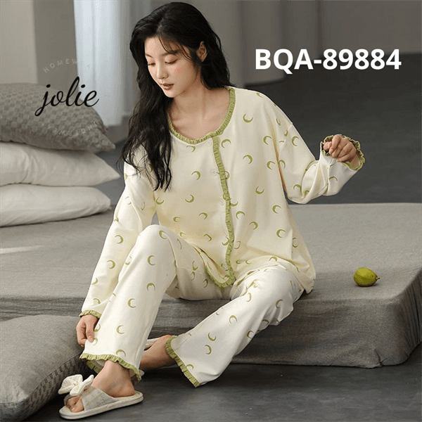 Bộ dài tay cổ tròn cài khuy cotton có đệm ngực
