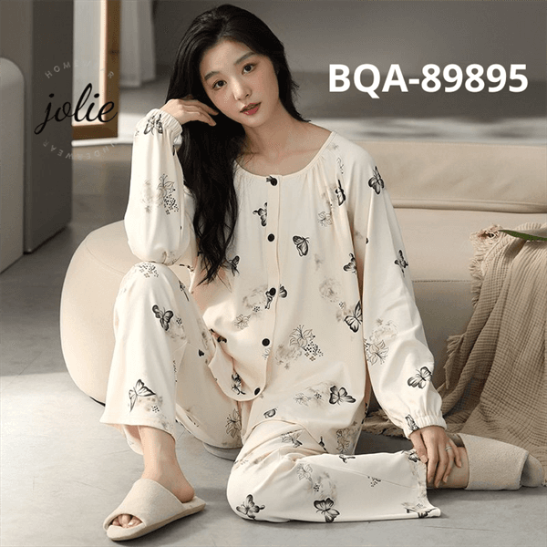 Bộ dài tay cổ tròn cài khuy cotton có đệm ngực