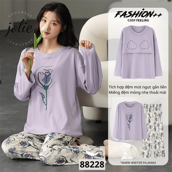 Bộ mặc nhà cổ tròn dài tay 100% cotton