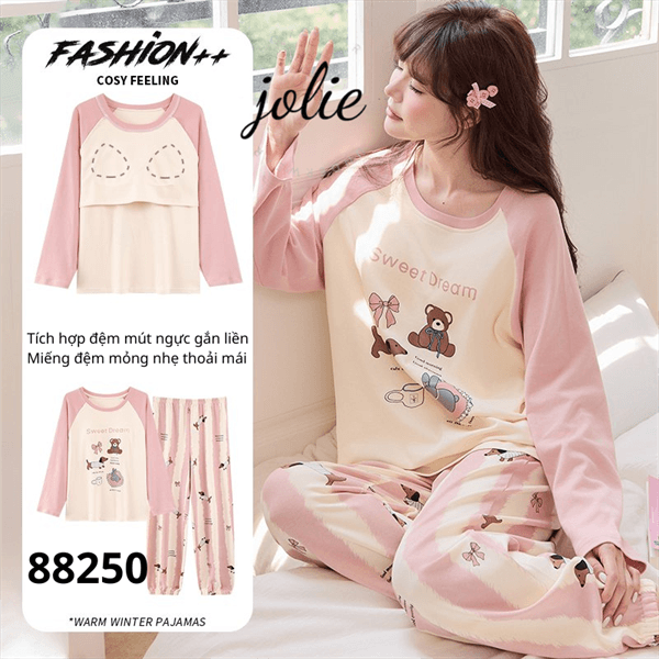 Bộ tay dài cổ tròn cotton có đệm ngực