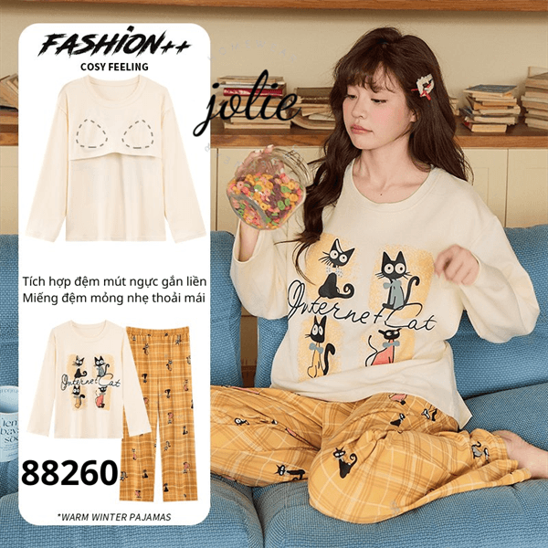 Bộ tay dài cổ tròn cotton có đệm ngực