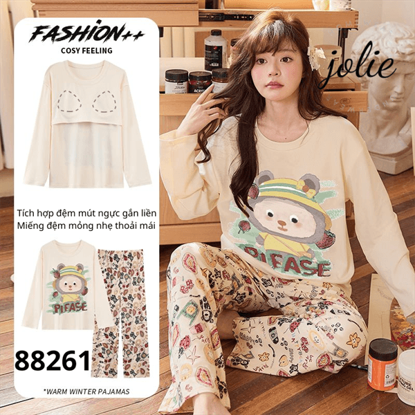 Bộ tay dài cổ tròn cotton có đệm ngực