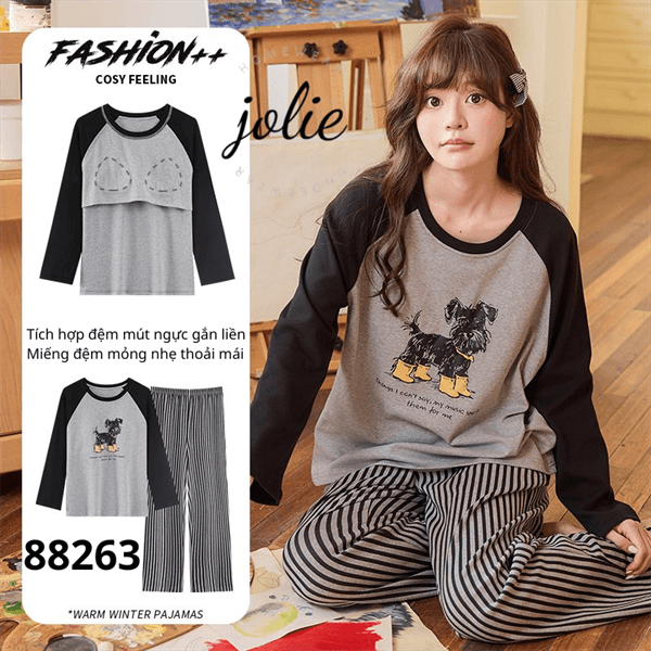 Bộ tay dài cổ tròn cotton có đệm ngực