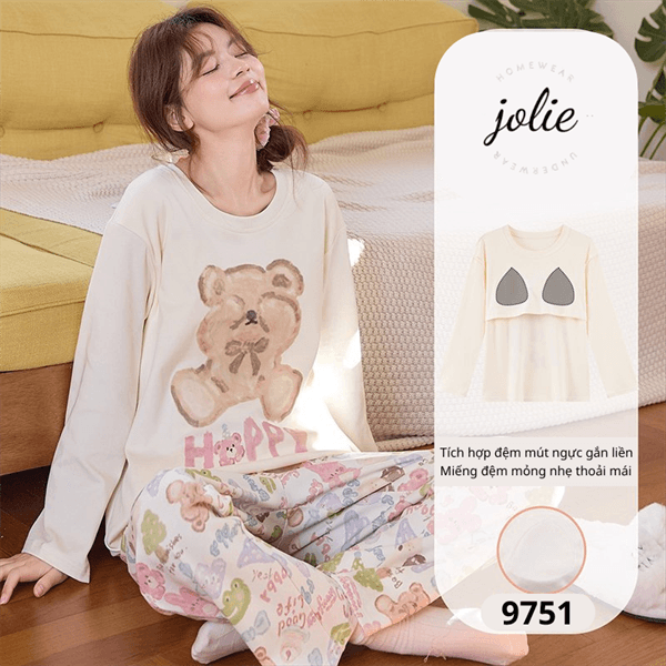 Bộ cổ tròn dài tay cotton có đệm ngực