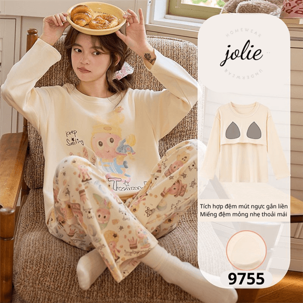 Bộ cổ tròn dài tay cotton có đệm ngực