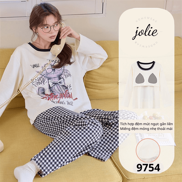 Bộ cổ tròn dài tay cotton có đệm ngực