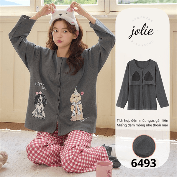 Bộ dài tay cổ tròn cài khuy bèo cotton có đệm ngực