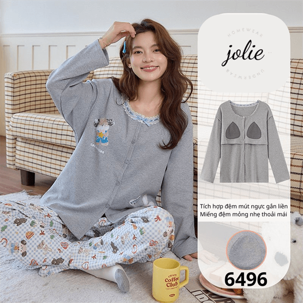 Bộ dài tay cổ tròn cài khuy bèo cotton có đệm ngực