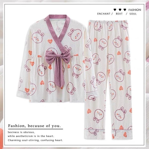 Bộ cotton dài tay cổ v - tím nơ tím