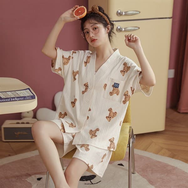 Bộ cộc cotton cổ chữ v - gấu nhỏ