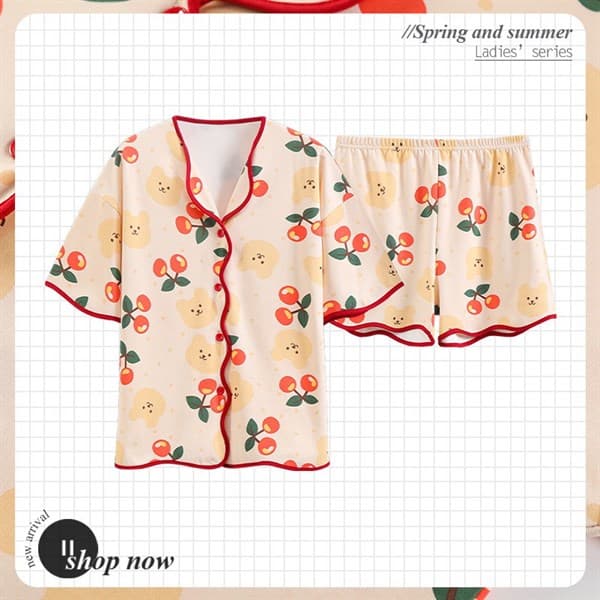Bộ cotton cộc cổ bẻ - gấu cherry 28040