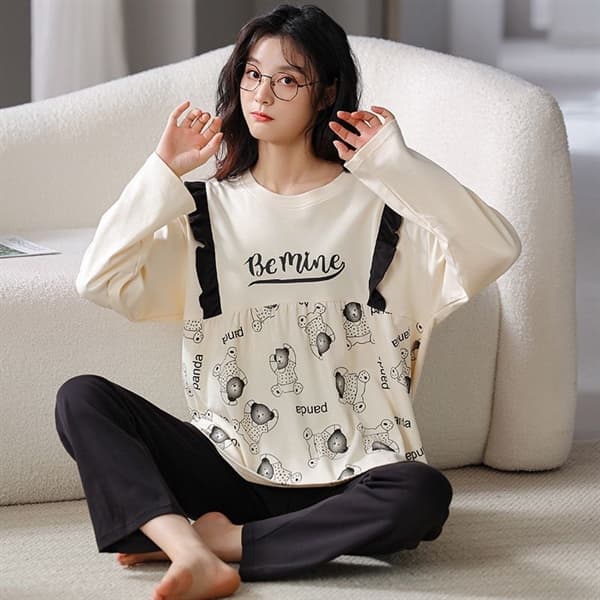Bộ cotton cổ tròn dài tay - bèo nơ đen 6908