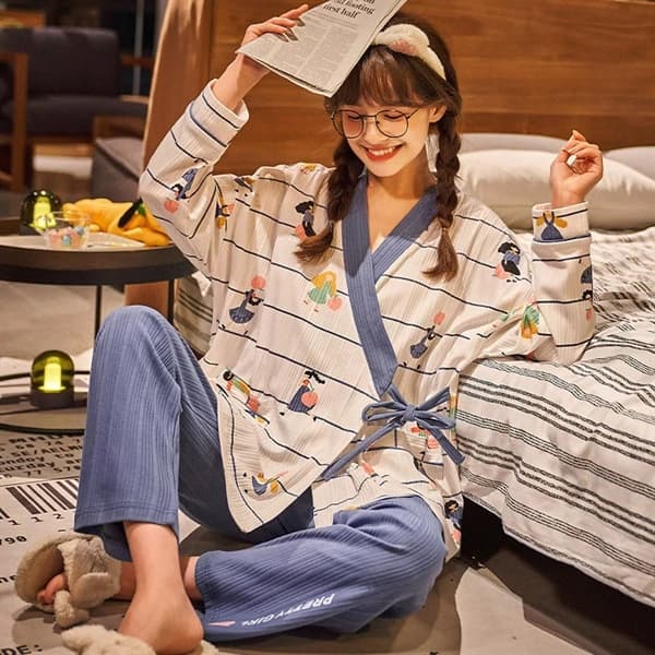 Bộ 100% cotton dài tay - nơ xanh kẻ 18623