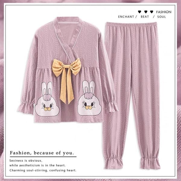 Bộ cotton dài tay cổ v - tím nơ vàng