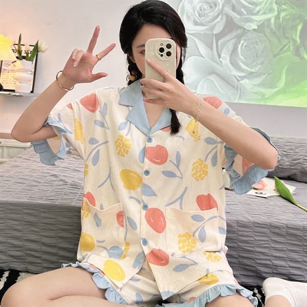 Bộ cộc có cổ cotton - hoa vàng đỏ
