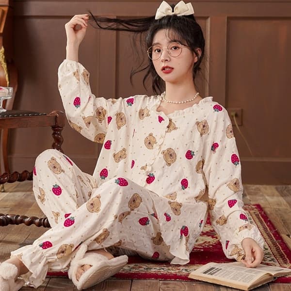 Bộ cotton cài khuy bèo - gấu dâu