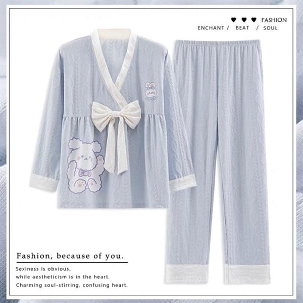 Bộ cotton dài tay cổ v - xanh nơ trắng