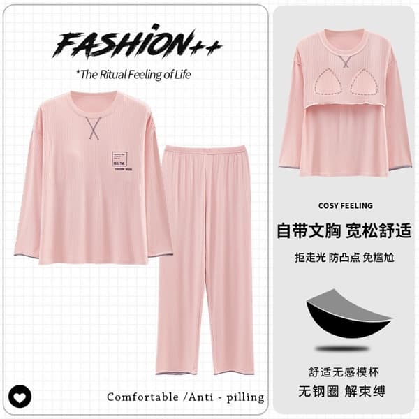 Bộ cotton dài tay đệm ngực hồng 2113