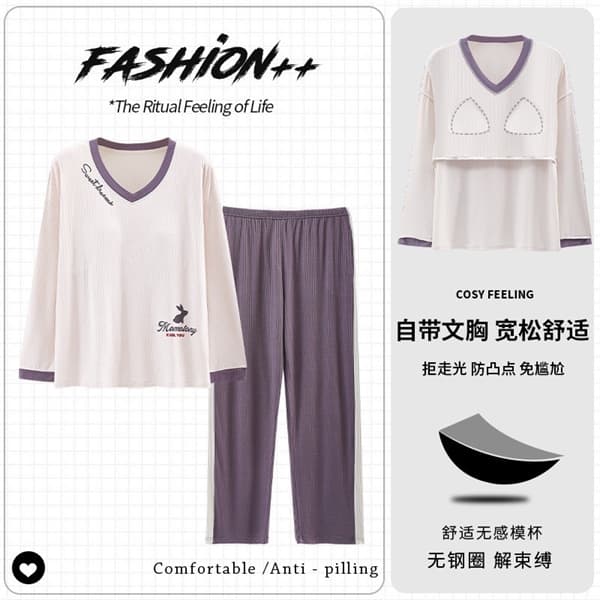 Bộ cotton dài tay đệm ngực viền tím quần tím 2107