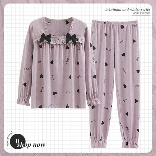 Bộ cotton dài tay - tím nơ đen