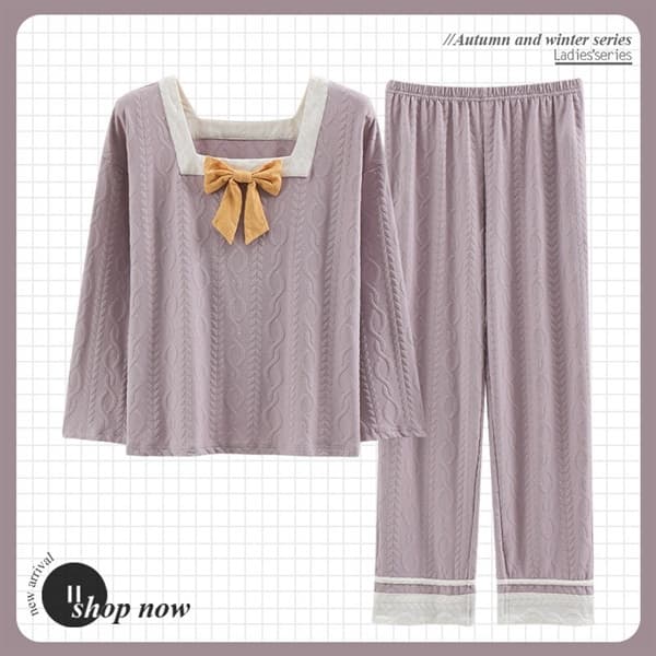 Bộ cotton dài tay nơ - tím nơ vàng