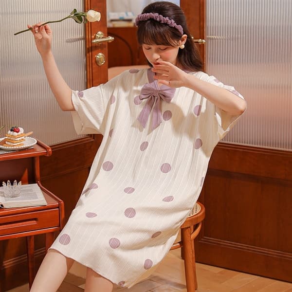 Váy cotton nơ cổ chấm bi tím