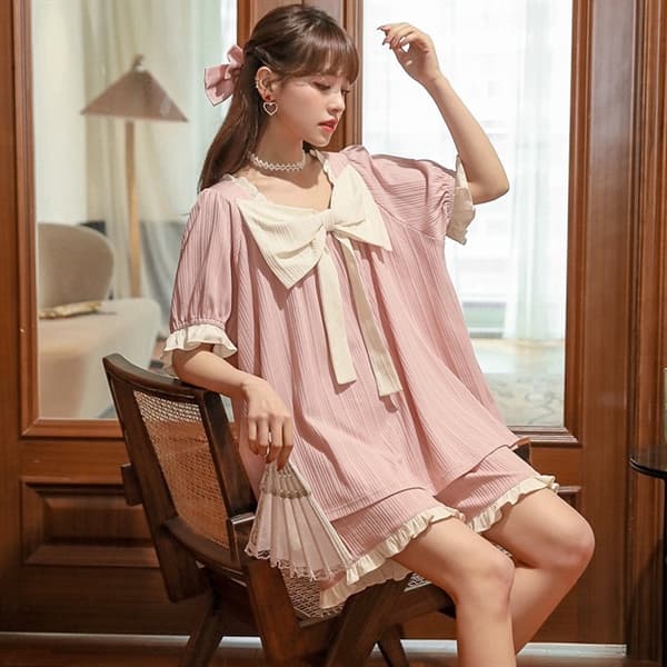 Bộ bèo nơ cộc - viền trắng hồng