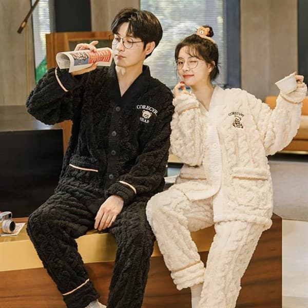 Bộ bông cổ v viền nâu bear nam