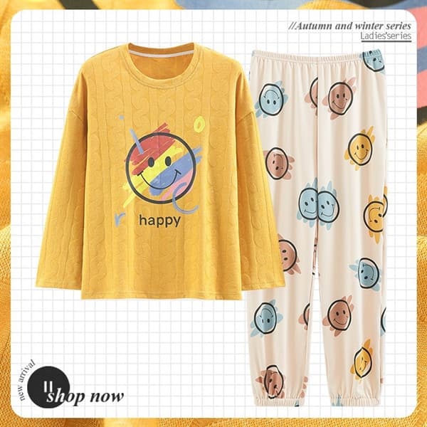 Bộ cotton dài tay cổ tròn - vàng mặt cười