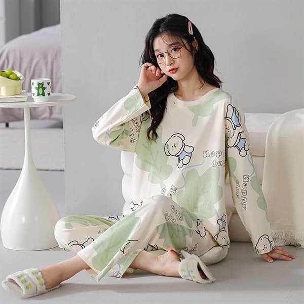 Bộ cổ tròn dài tay - lá xanh gấu 6905