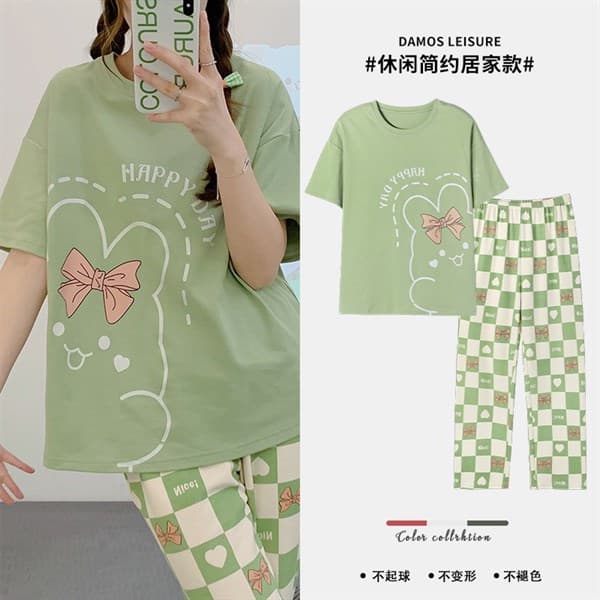 Bộ cotton áo cộc quần dài - xanh happy day 34037