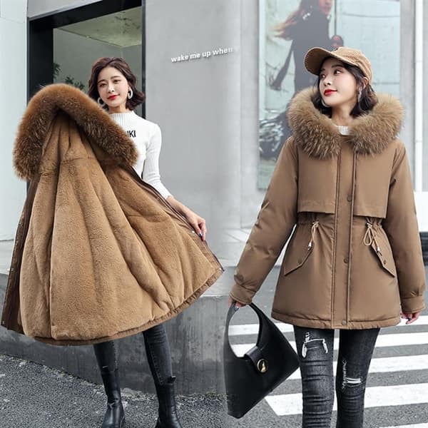 Áo parka lót lông màu nâu đậm