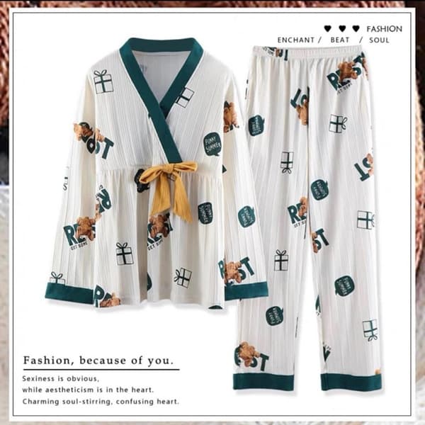 Bộ cotton dài tay cổ chữ v - xanh nơ vàng