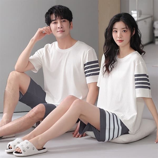 Bộ đôi cotton cộc cổ tròn nữ - 3 sọc trắng