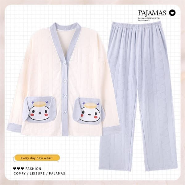 Bộ cotton dài tay cổ chữ v - xanh nhạt túi vịt