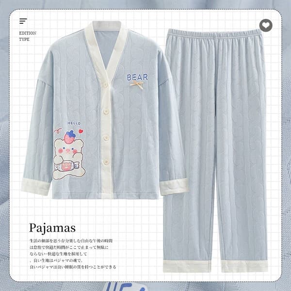Bộ cotton dài tay cổ v - xanh hello