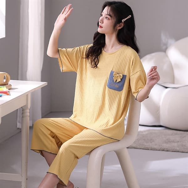 Bộ cotton lửng hàng đẹp vàng túi nơ 2136