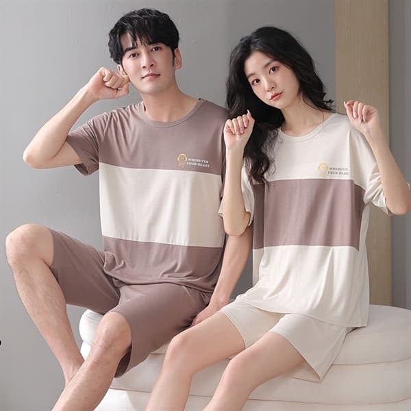 Bộ đôi cotton cộc cổ tròn nam - kẻ nâu
