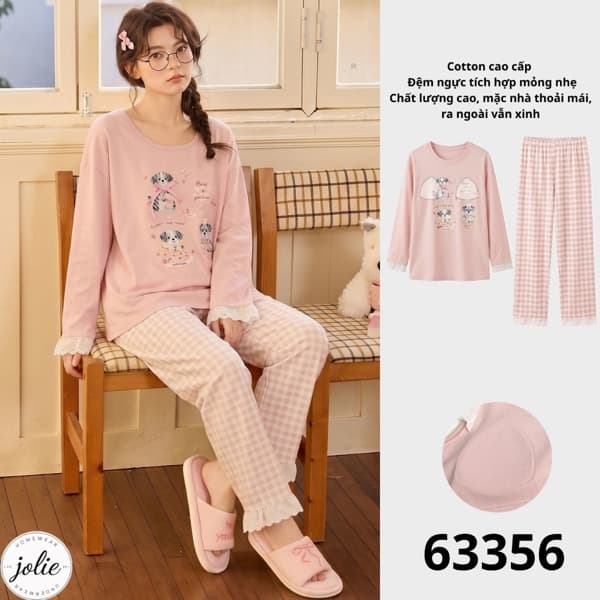 Bộ đồ ngủ dài tay cổ tròn 100% cotton, có đệm ngực