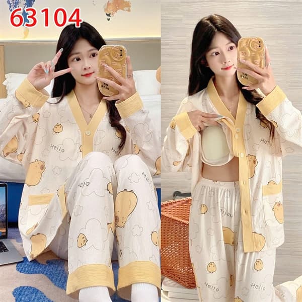 Bộ mặc nhà dài tay cổ chữ v có đệm ngực cotton