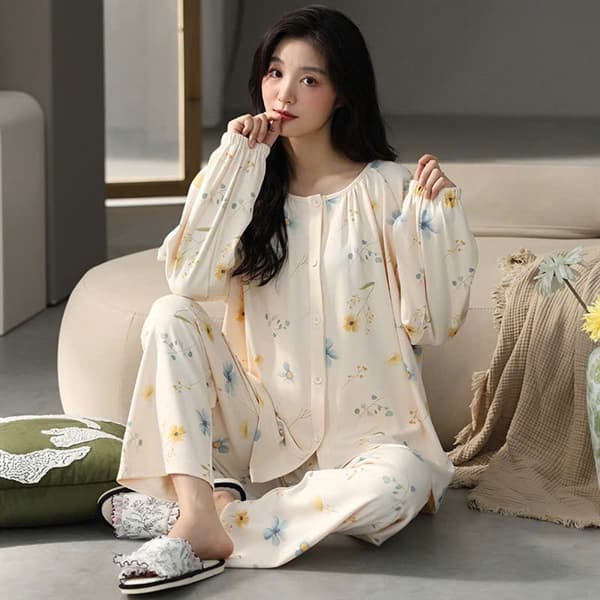 Bộ mặc nhà dài tay cài khuy cổ tròn 100% cotton