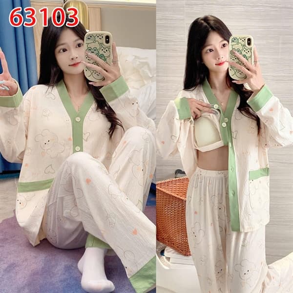 Bộ mặc nhà dài tay cổ chữ v có đệm ngực cotton
